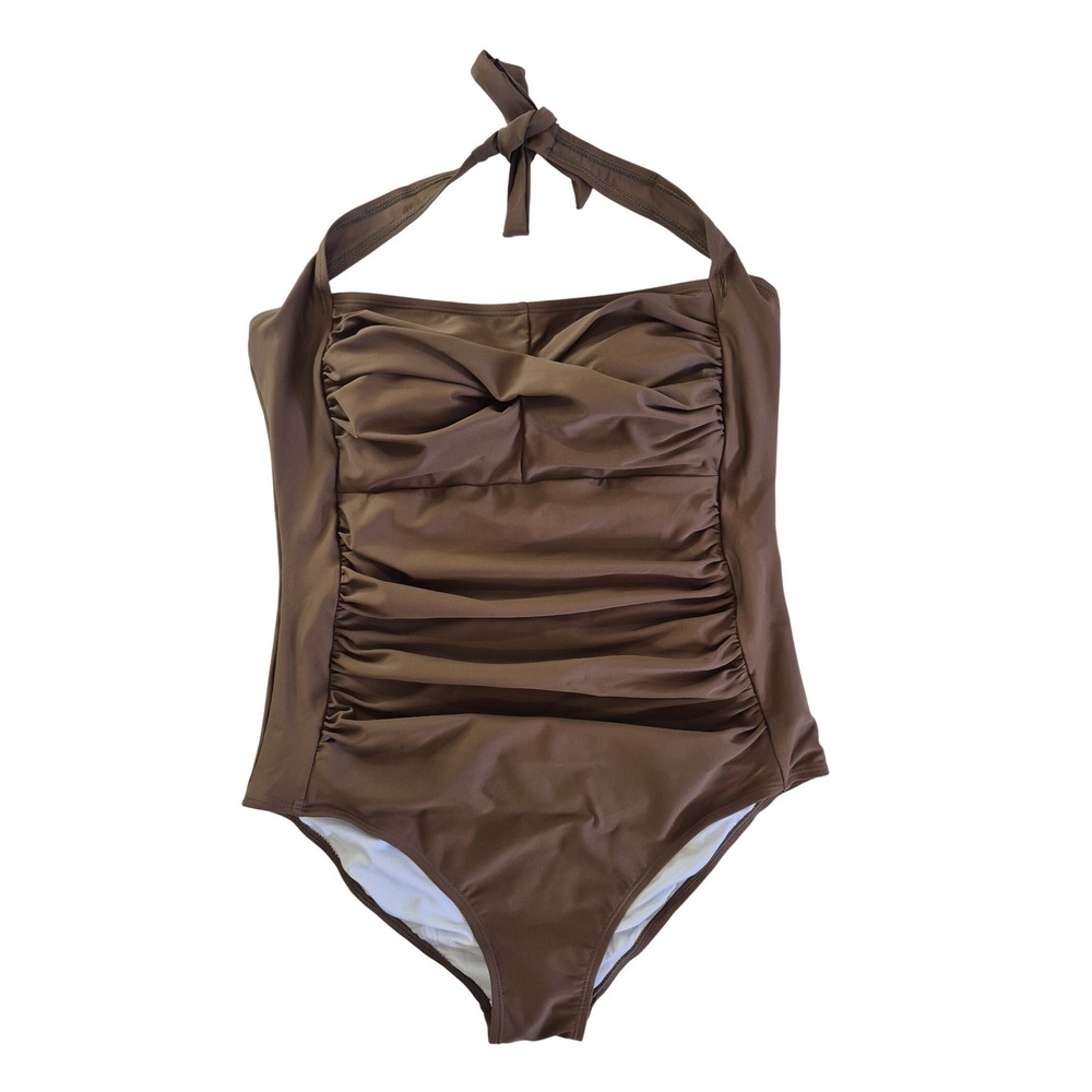 Smismivo Womens Brown Ruched Tummy Control Halter‎ One Piece Swimsuit Large NWT